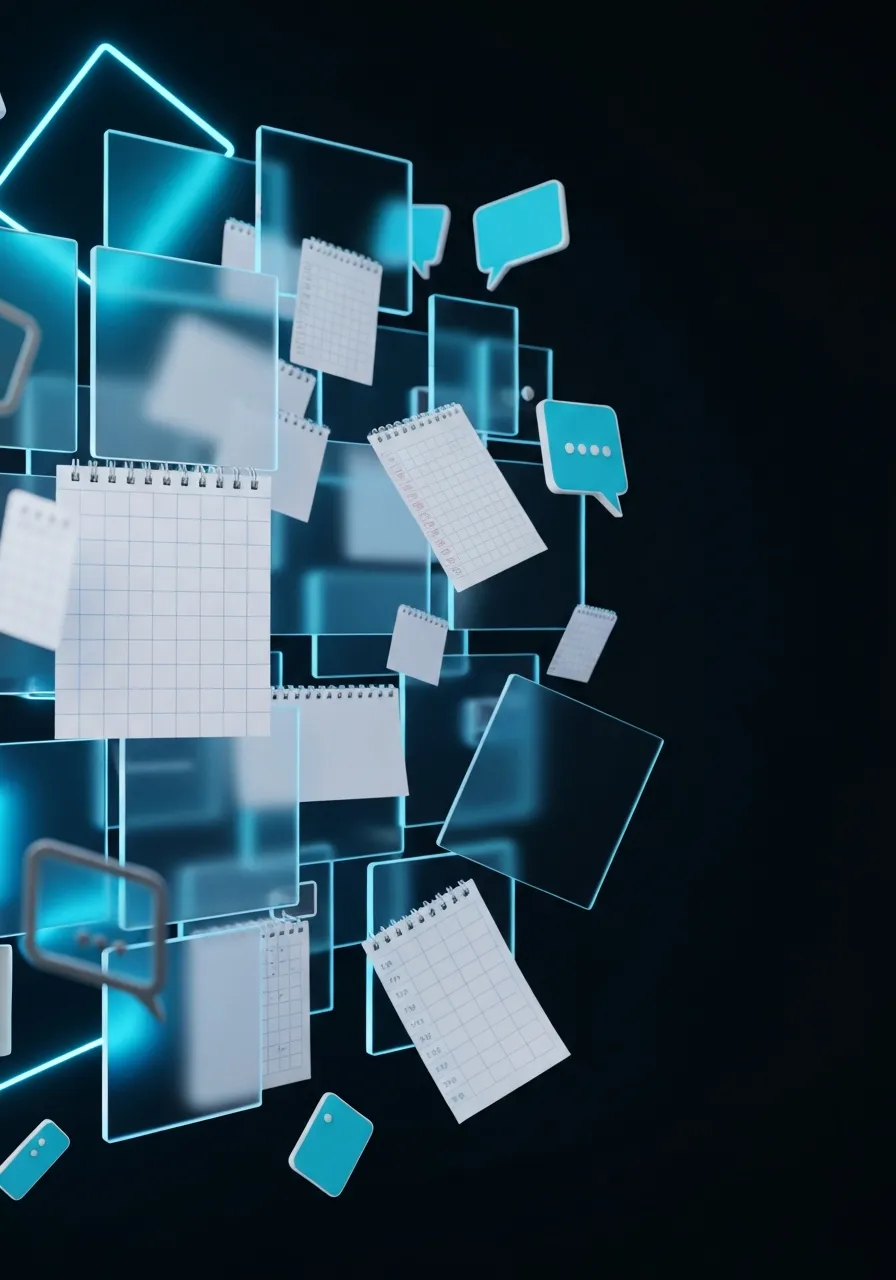 A chaotic digital collage of overlapping calendars, sticky notes, scattered spreadsheets, and disconnected chat bubbles floating in a dark void.