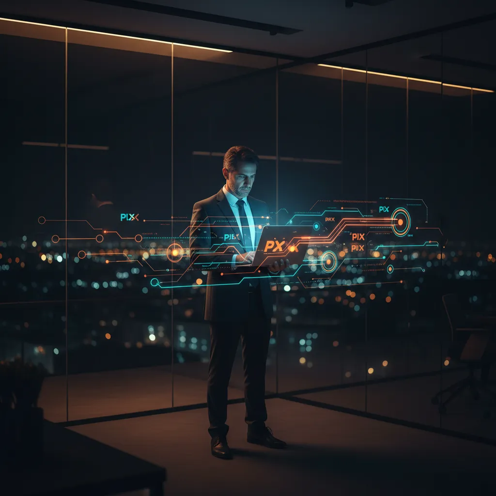 Empresário analisando fluxo de caixa com transferências PIX em tela