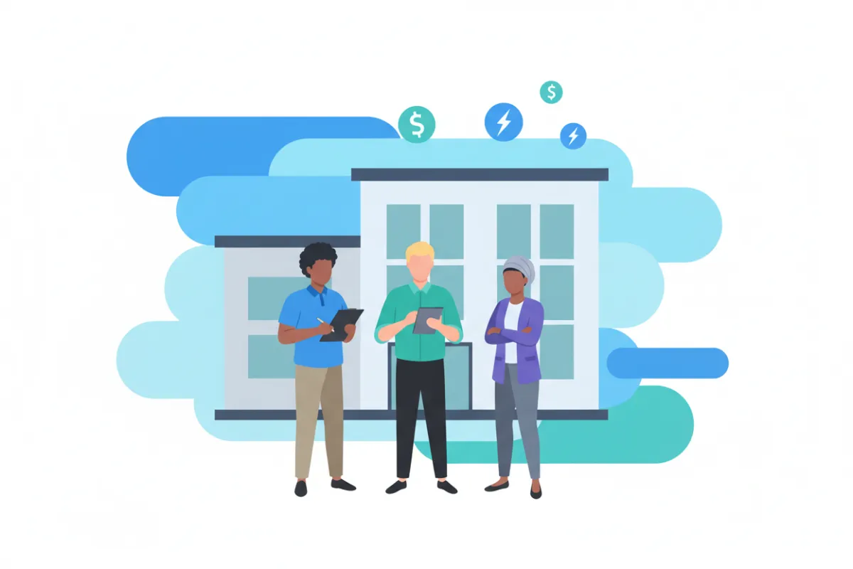 A modern, flat-style illustration showing a diverse group of facilities professionals—one holding a clipboard, another using a tablet—standing in front of a stylized building with dollar signs and energy icons floating above. The background features abstract blue and teal gradients, evoking efficiency and savings.