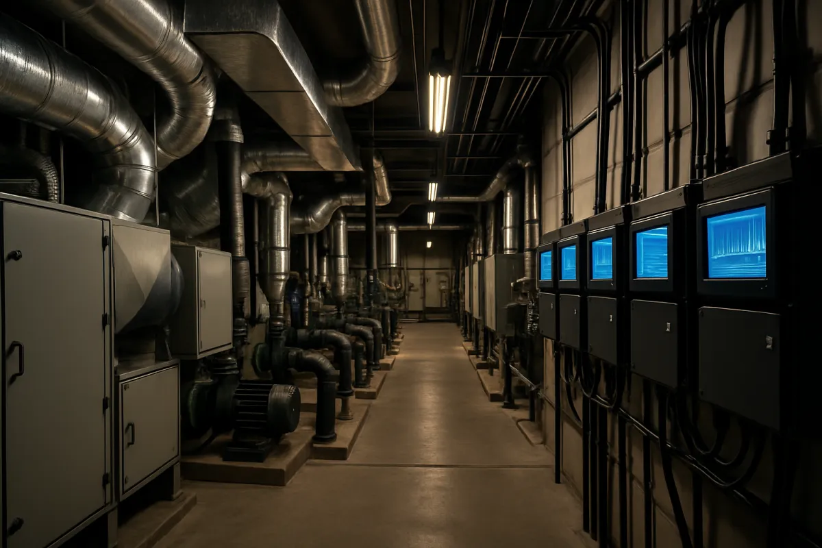 Corporate mechanical room with HVAC equipment and networked controllers, illustrating complexity suited for centralized monitoring.