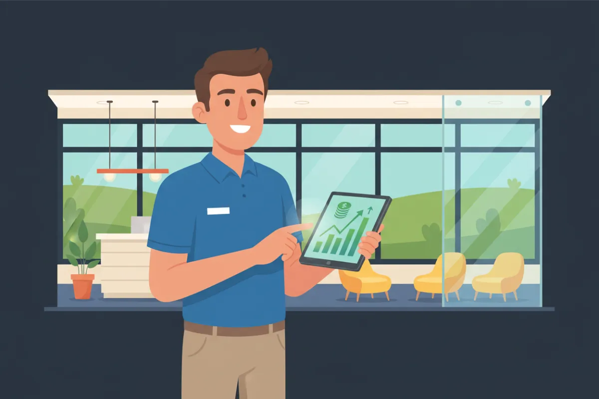 Infographic showing a fFacilities tech discovering savings on tablet