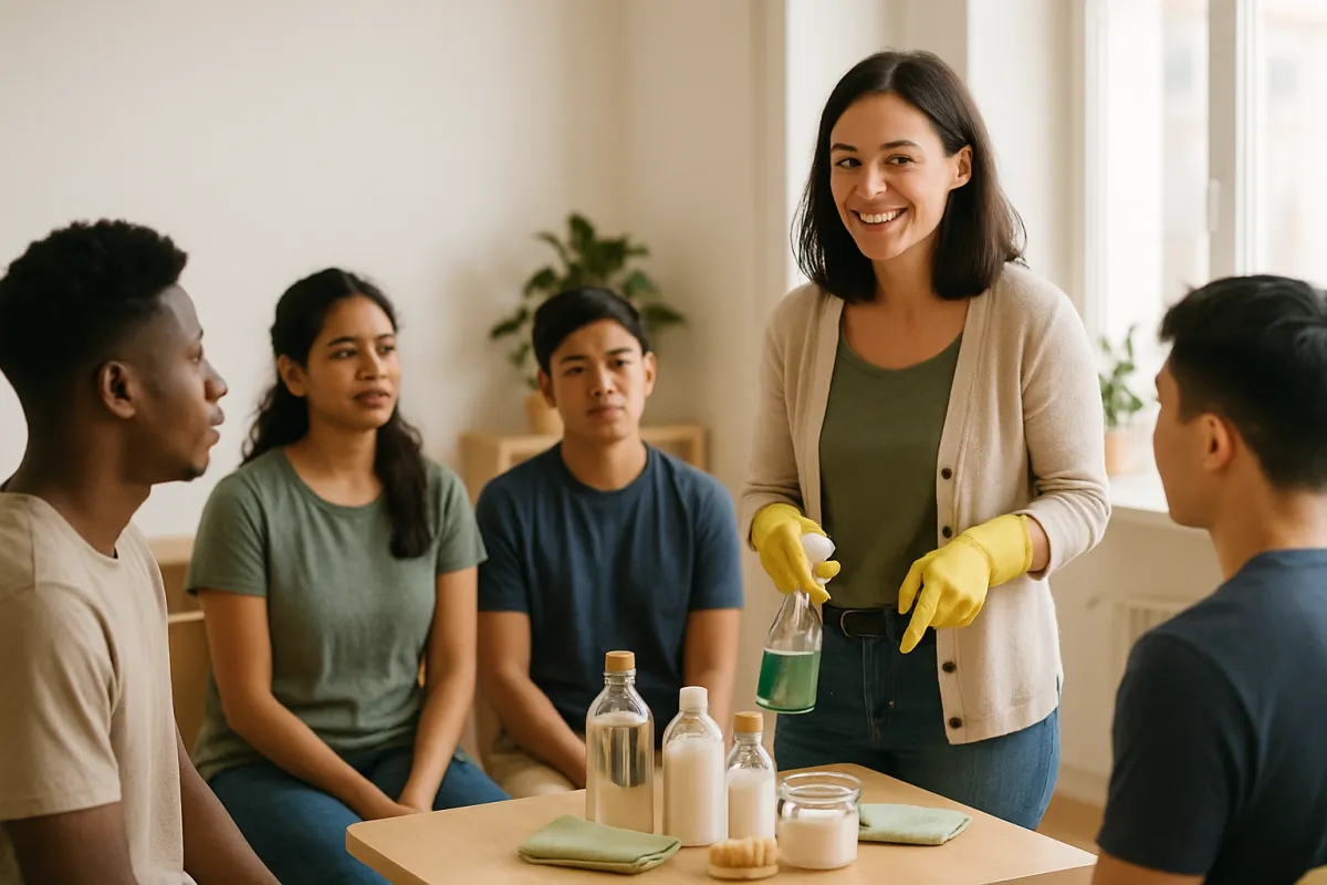 A small group of trainees with an instructor demonstrating eco-friendly cleaning techniques