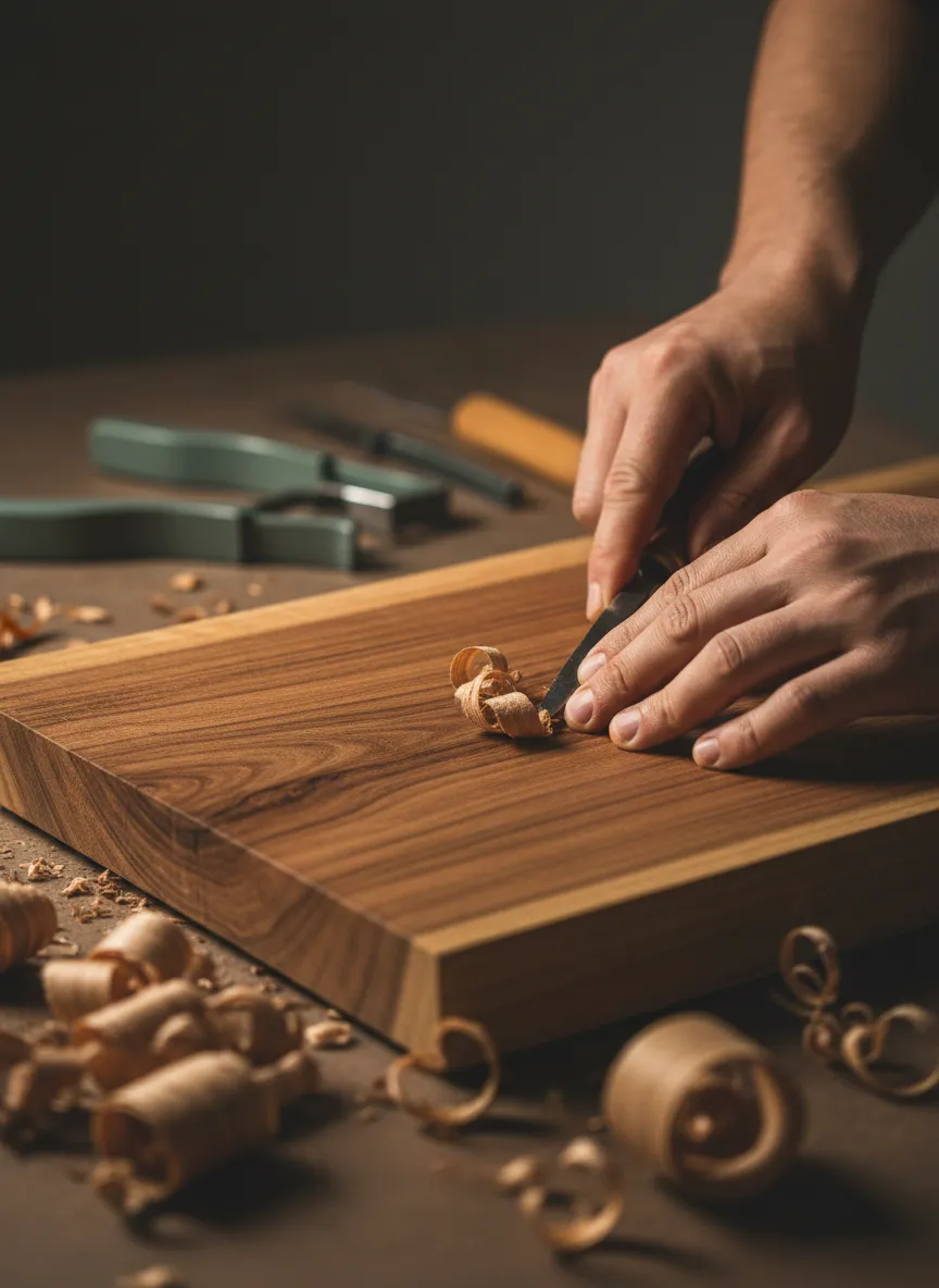 Artesano trabajando madera de huanacaxtle con precisión en el taller de CDH MADERARTE