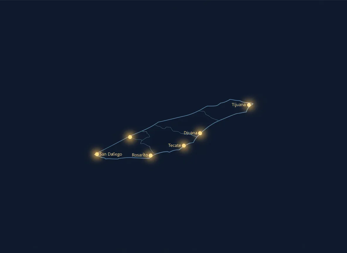 Mapa estilizado de la región Tijuana San Diego con puntos destacados de inversión inmobiliaria