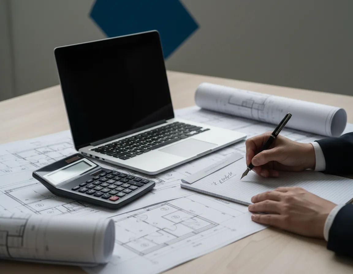 Plano arquitectónico y calculadora sobre una mesa, representando planeación y análisis