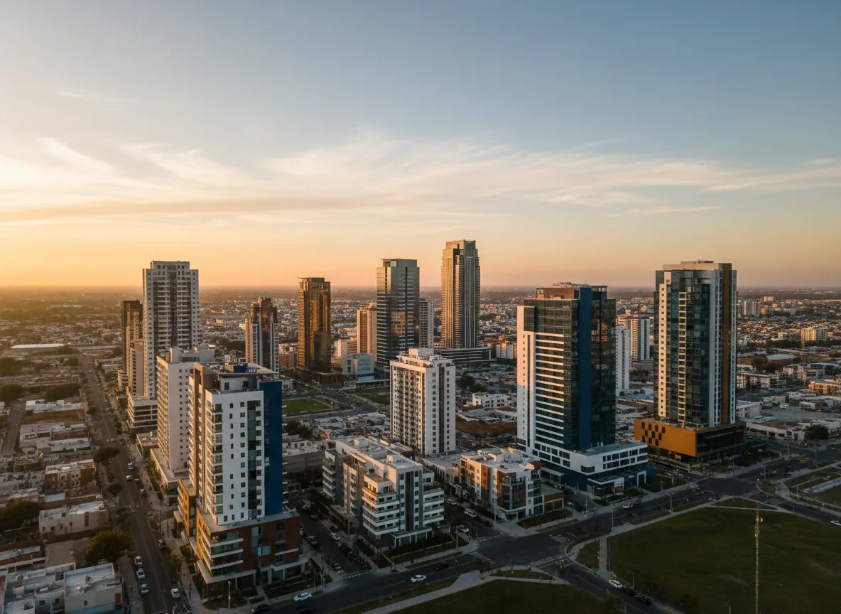 Render arquitectónico minimalista de torre de departamentos moderna en Tijuana al atardecer