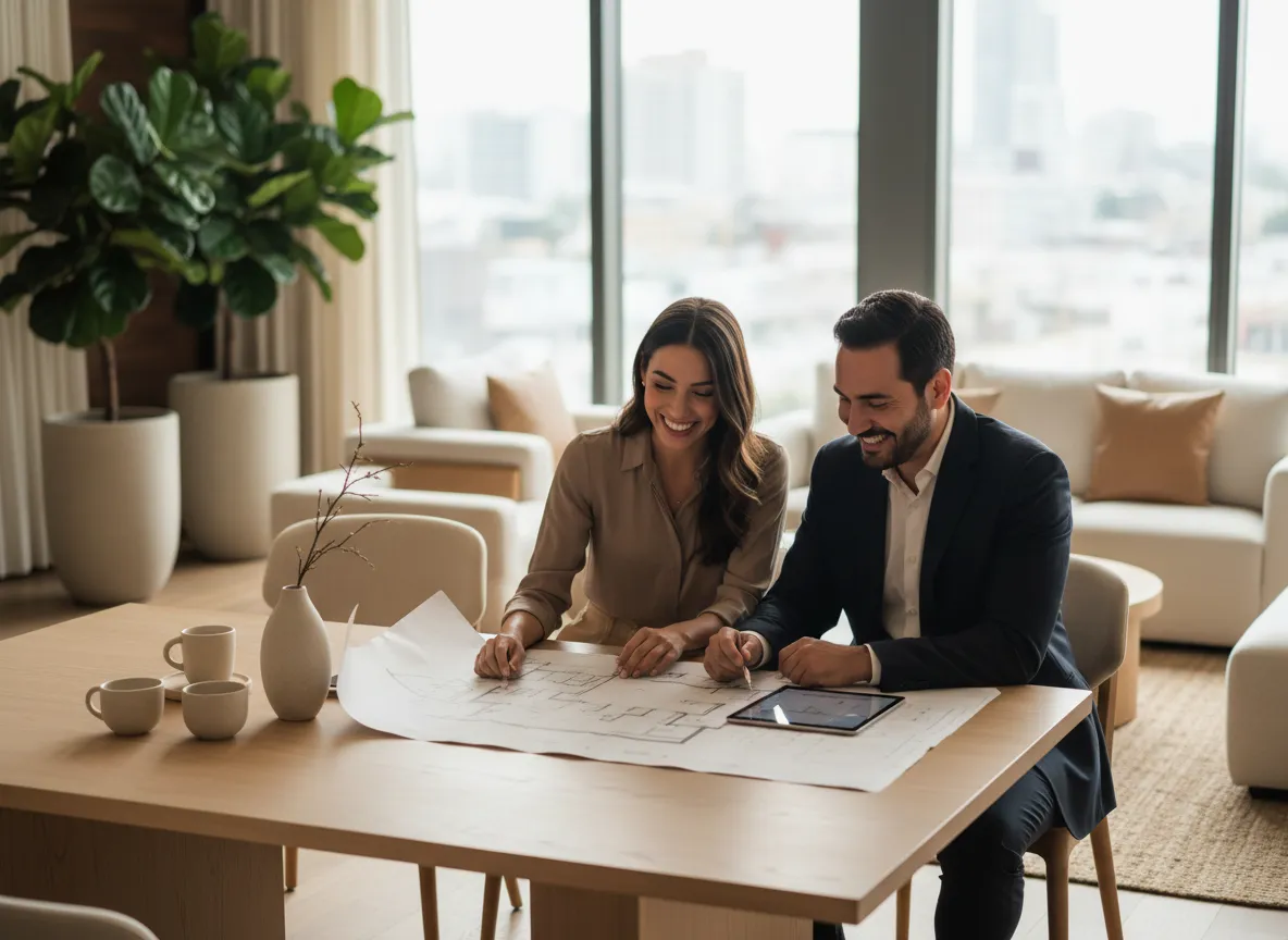 Agente inmobiliario mostrando planos a una pareja en una sala moderna y luminosa