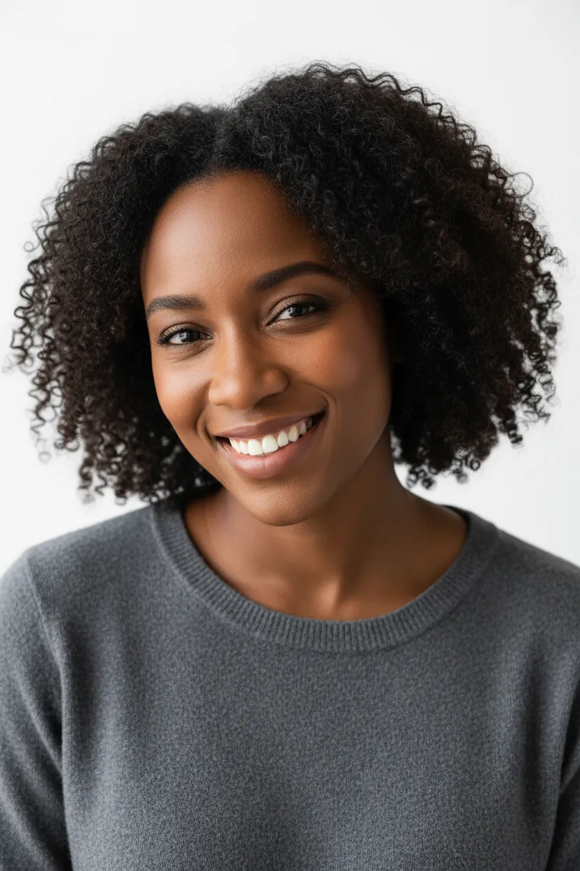Head-and-shoulders photorealistic portrait of a Black woman on a pure white background