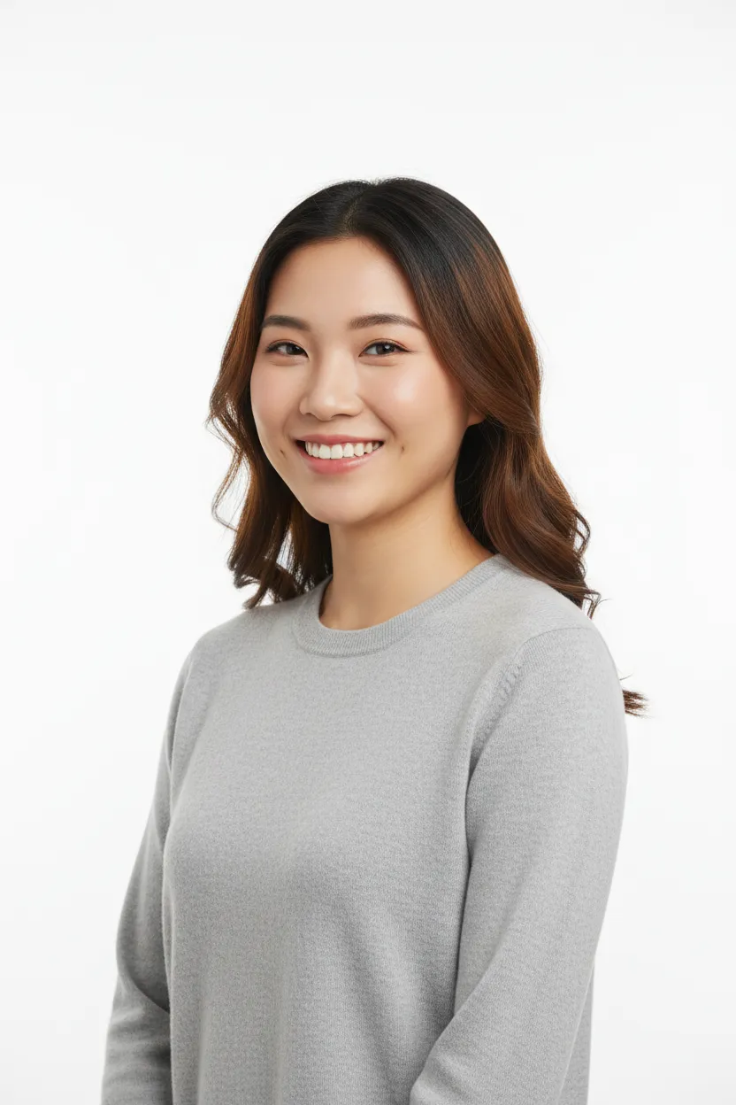 Head-and-shoulders photorealistic portrait of an East Asian woman on a pure white background