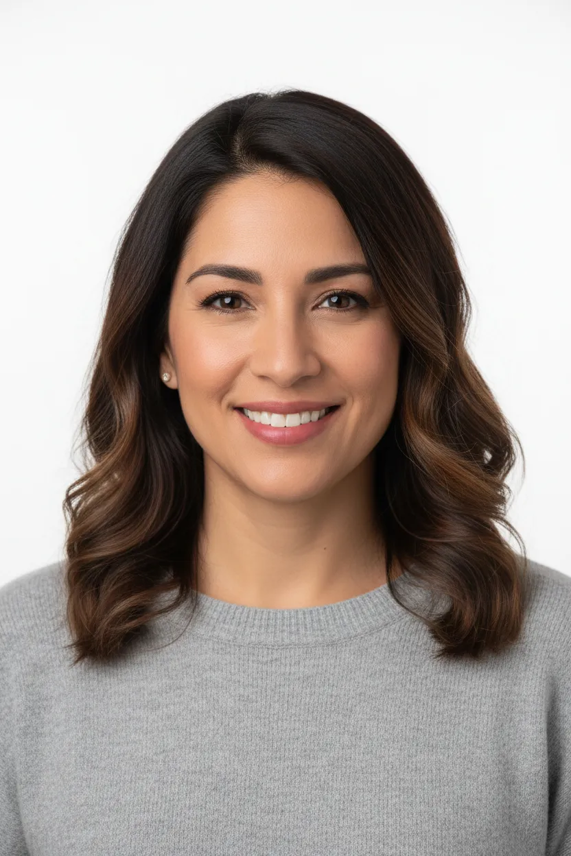 Head-and-shoulders photorealistic portrait of a Latina/Hispanic woman on a pure white background