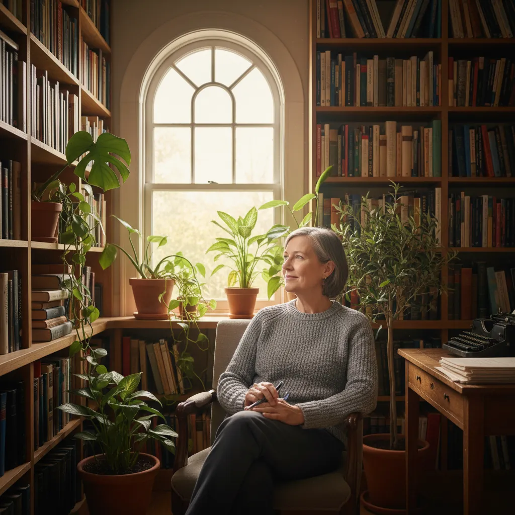 Portrait of the author seated in a sunlit study, surrounded by books and plants, looking thoughtfully out the window.