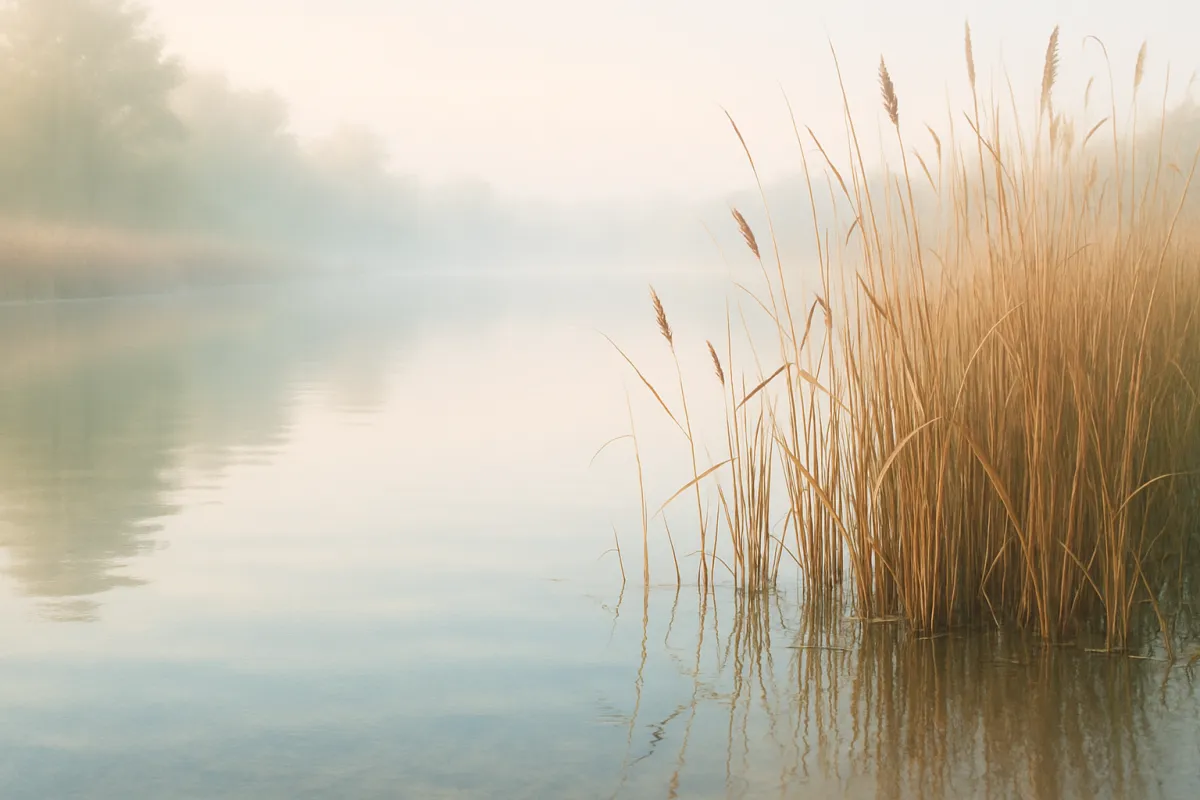 Local lagoon close-up with reeds and reflections in soft mist