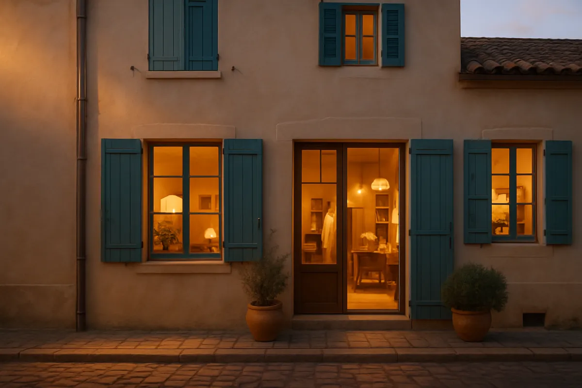 Exterior evening of Siore Marie with warm window light and teal shutters