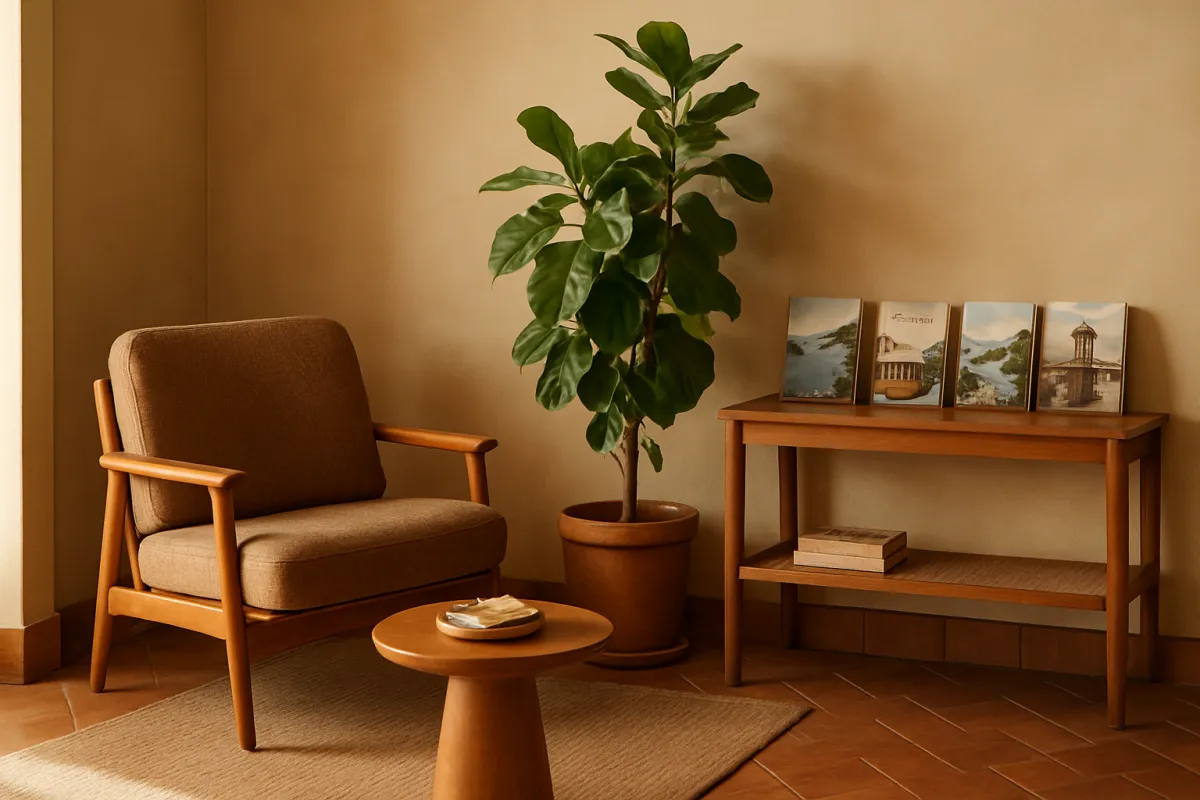 Lobby corner with seating, plant, and curated guidebooks