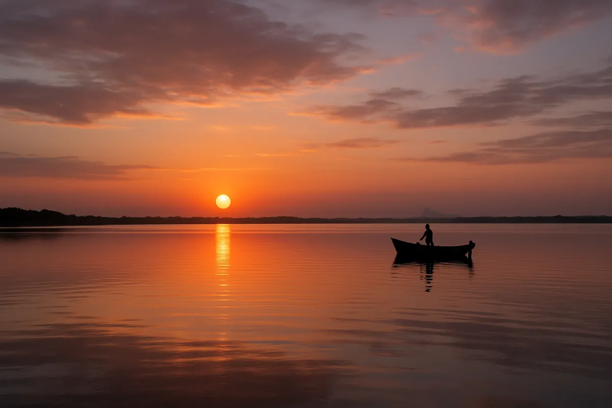 Sunset over the lagoon with reflections and fishing boat silhouette