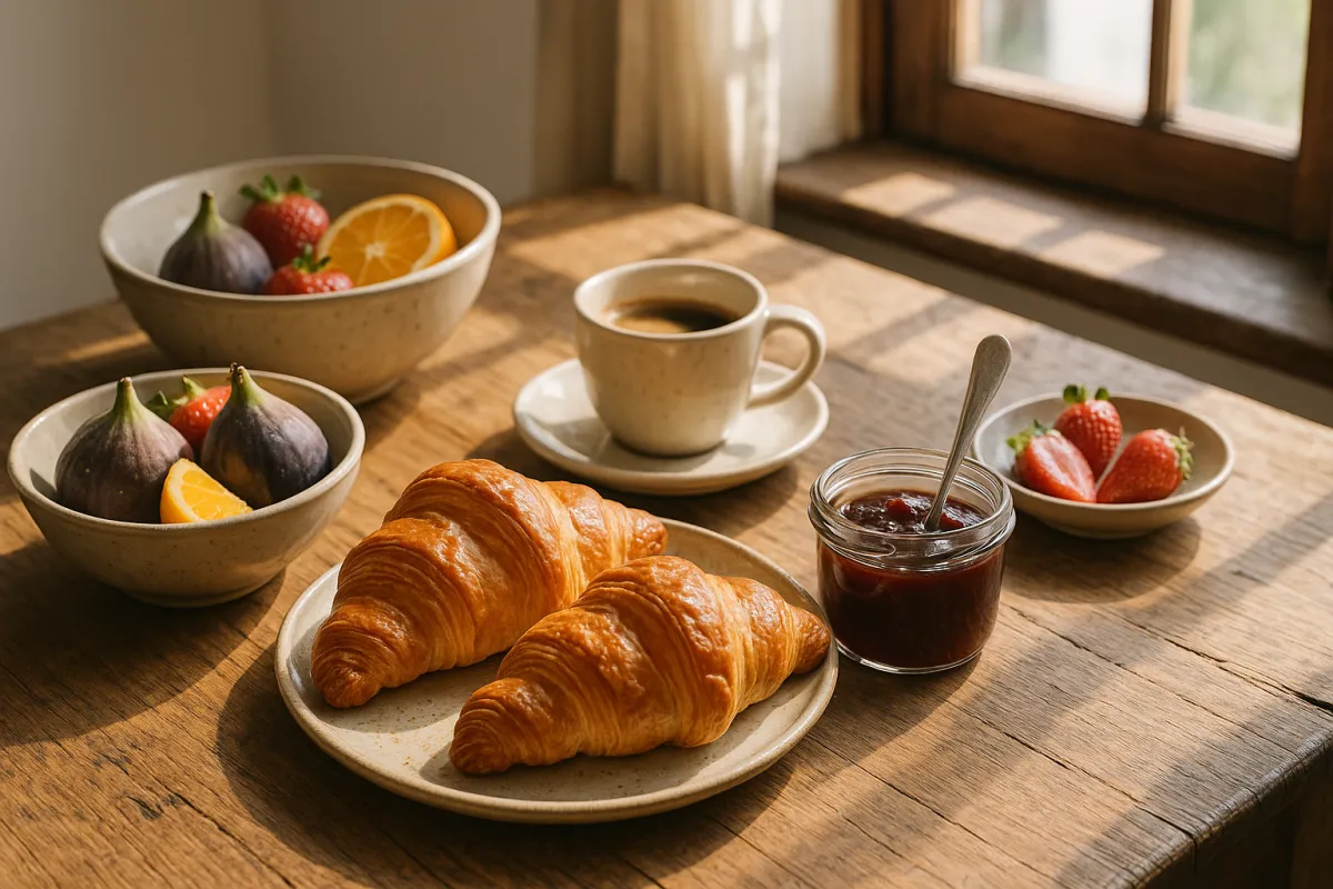 Warm breakfast spread with croissants, jam, espresso, and fruit