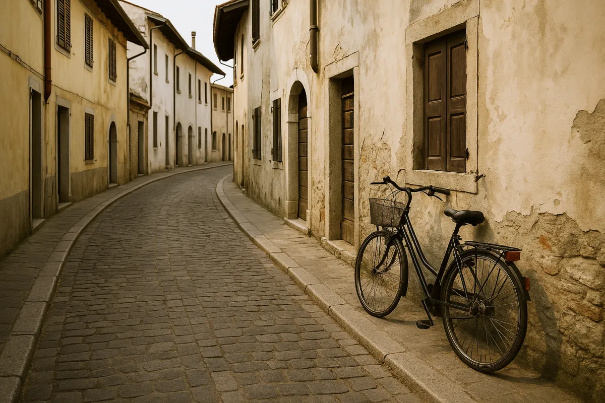 Street view of San Giorgio di Nogaro with historical facades and bicycle