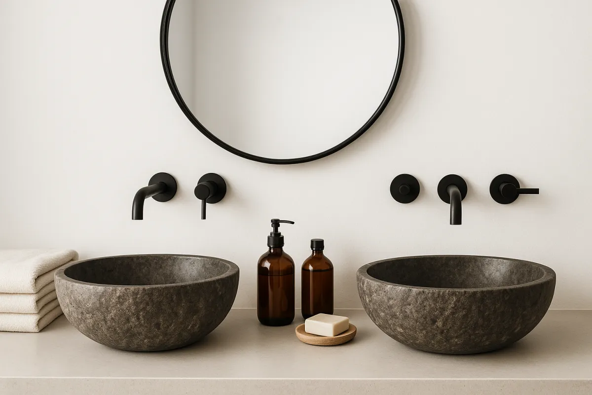 Stylish bathroom details with stone sinks and round mirror
