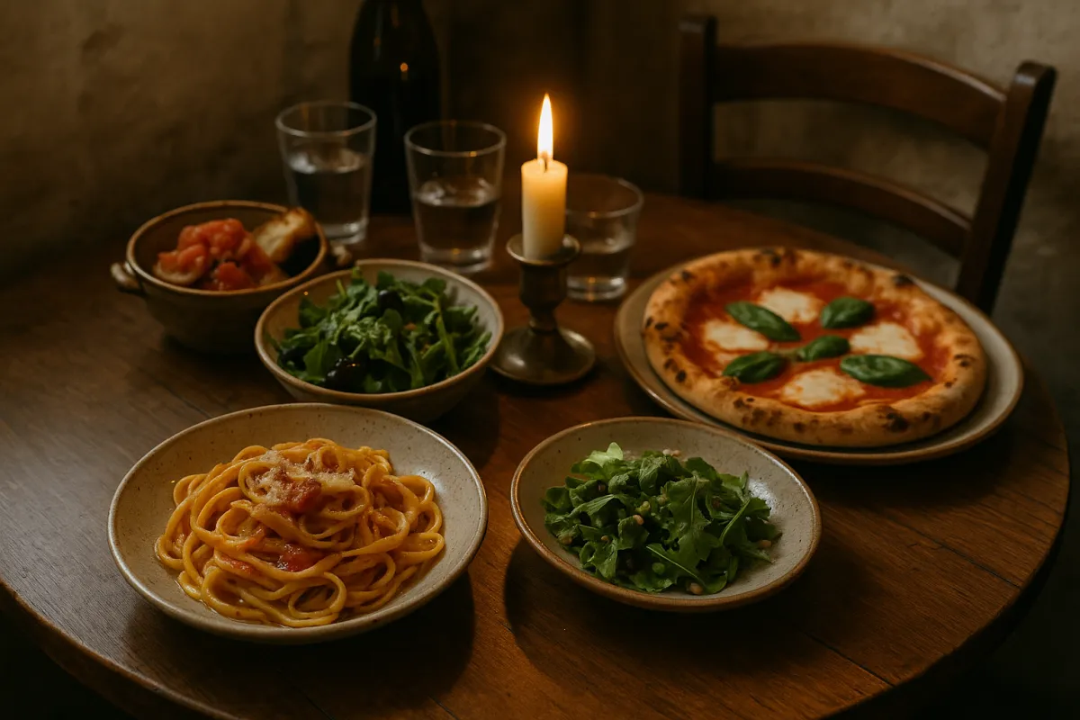 Dining vignette with shared plates, candlelight, and rustic crockery