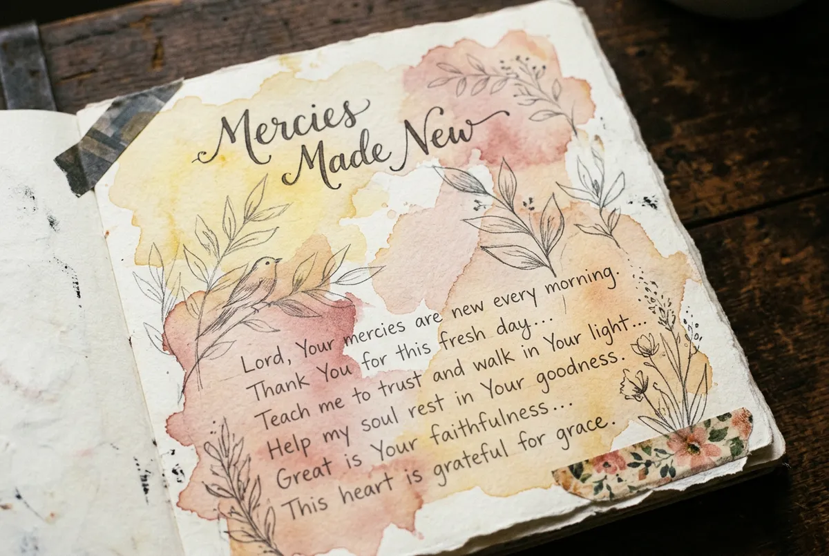 Folio journal page titled Mercies Made New with warm morning watercolor stains and written prayers