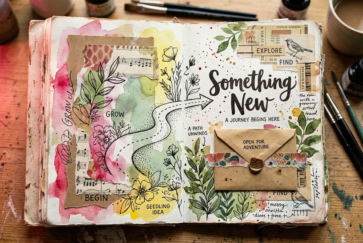 Sketchbook folio spread titled Something New with layered botanical ink and watercolor washes