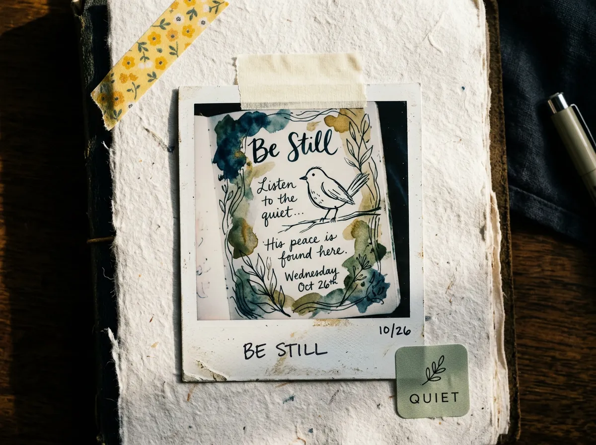 Hand-sketched 'Be Still' prayer journal page framed like a scrapbook polaroid