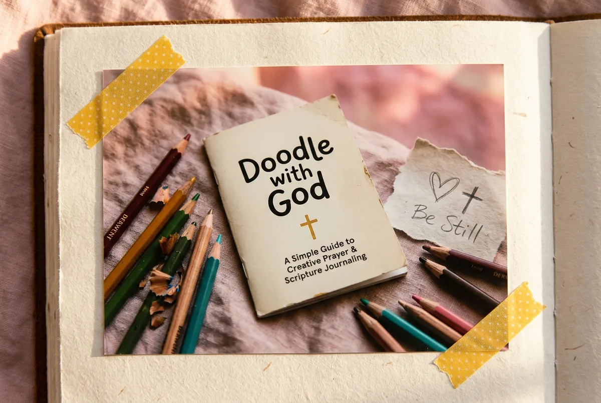 Doodle with God printed mini-guide booklet with colored pencils on linen