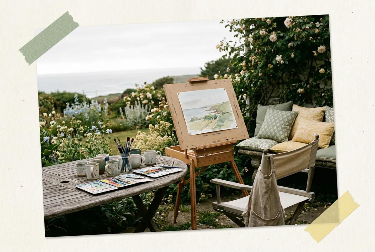 Coastal cottage retreat garden with wooden work tables and watercolor easels