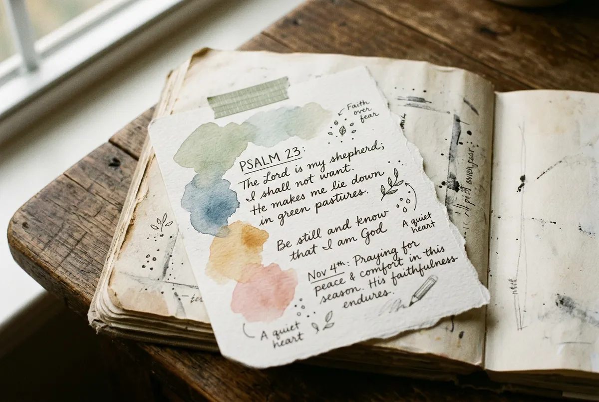 Open prayer sketchbook with watercolor swatches and handwritten scripture margin