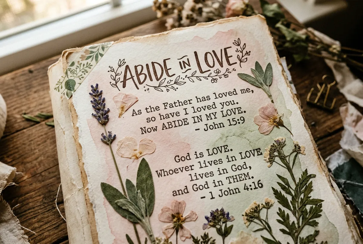 Journal folio page titled Abide in Love with pressed dried flowers and stamped verses