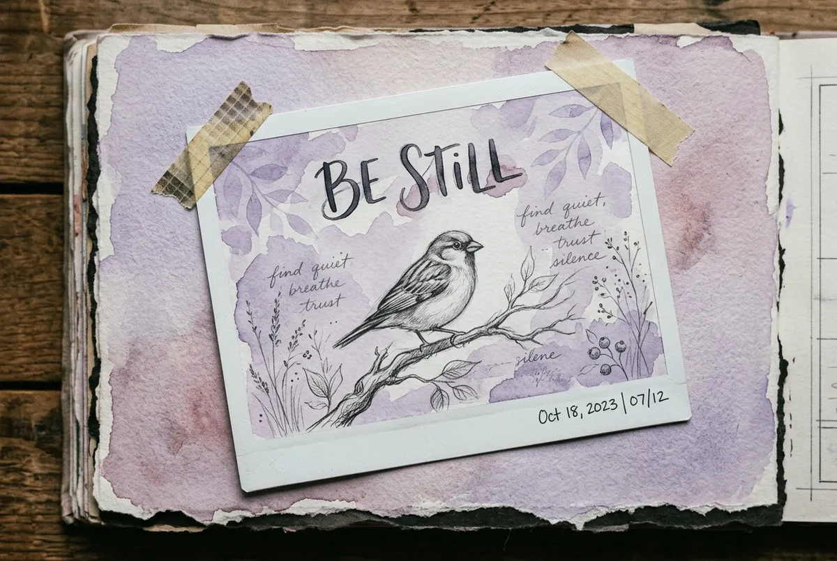 Artistic art journal spread titled Be Still with peaceful muted lavender tones and graphite sketches
