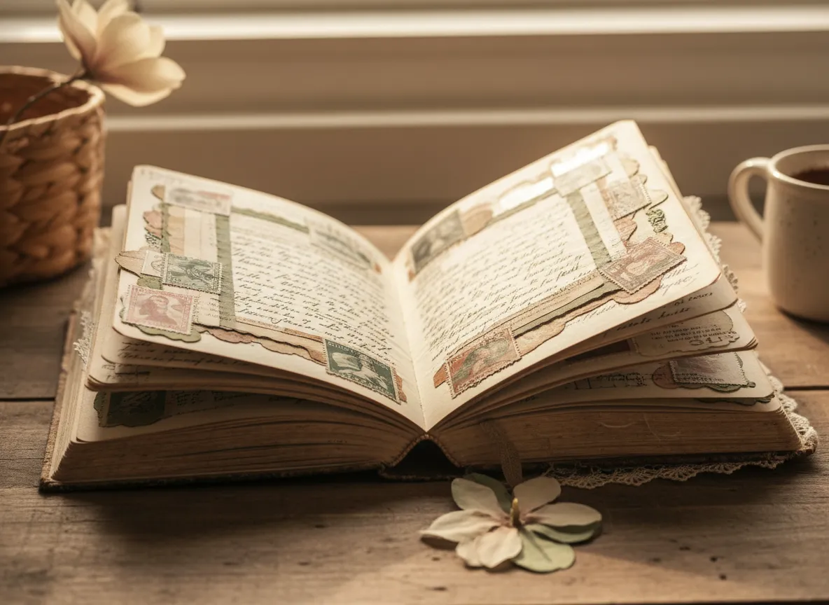 Open vintage junk journal with Scripture and floral ephemera