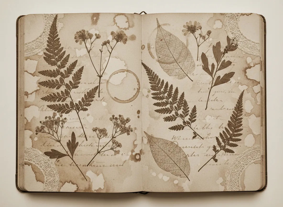 Tea-stained pages with botanical elements