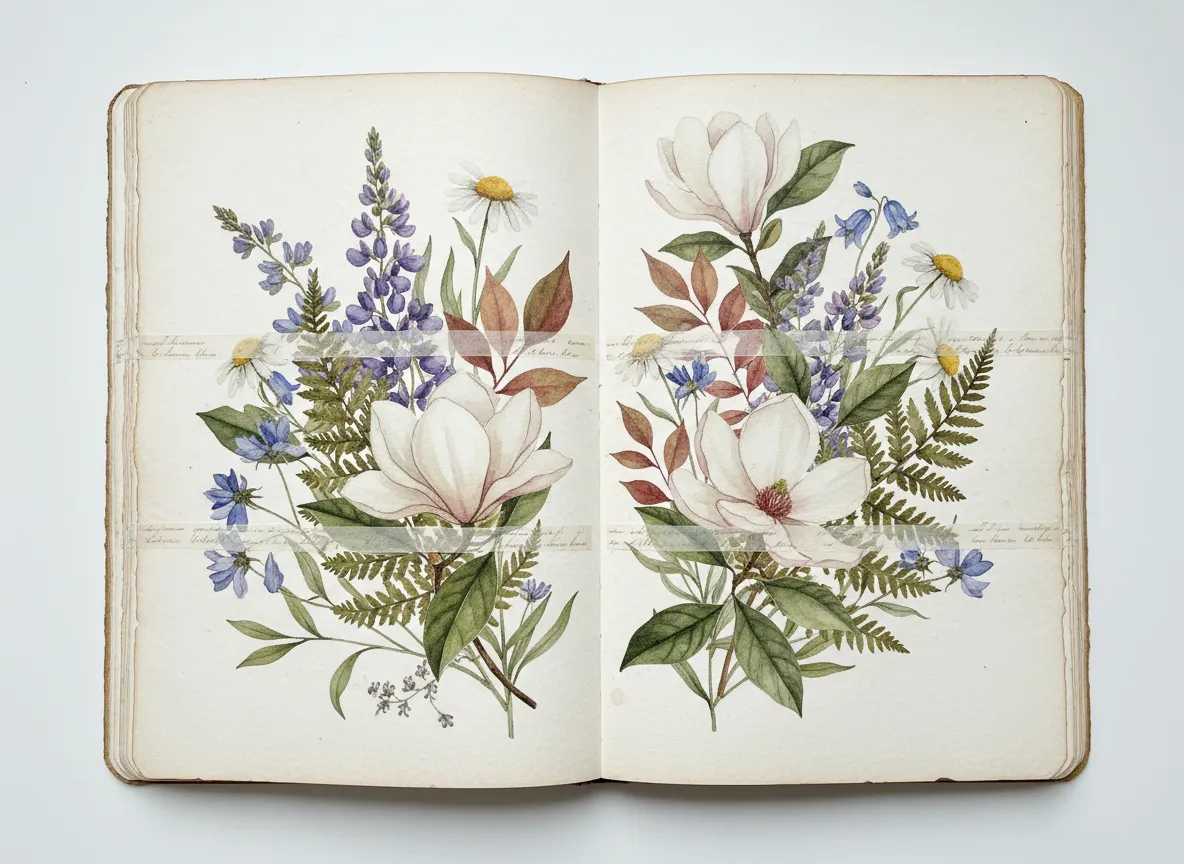 Botanical elements and florals on journal page