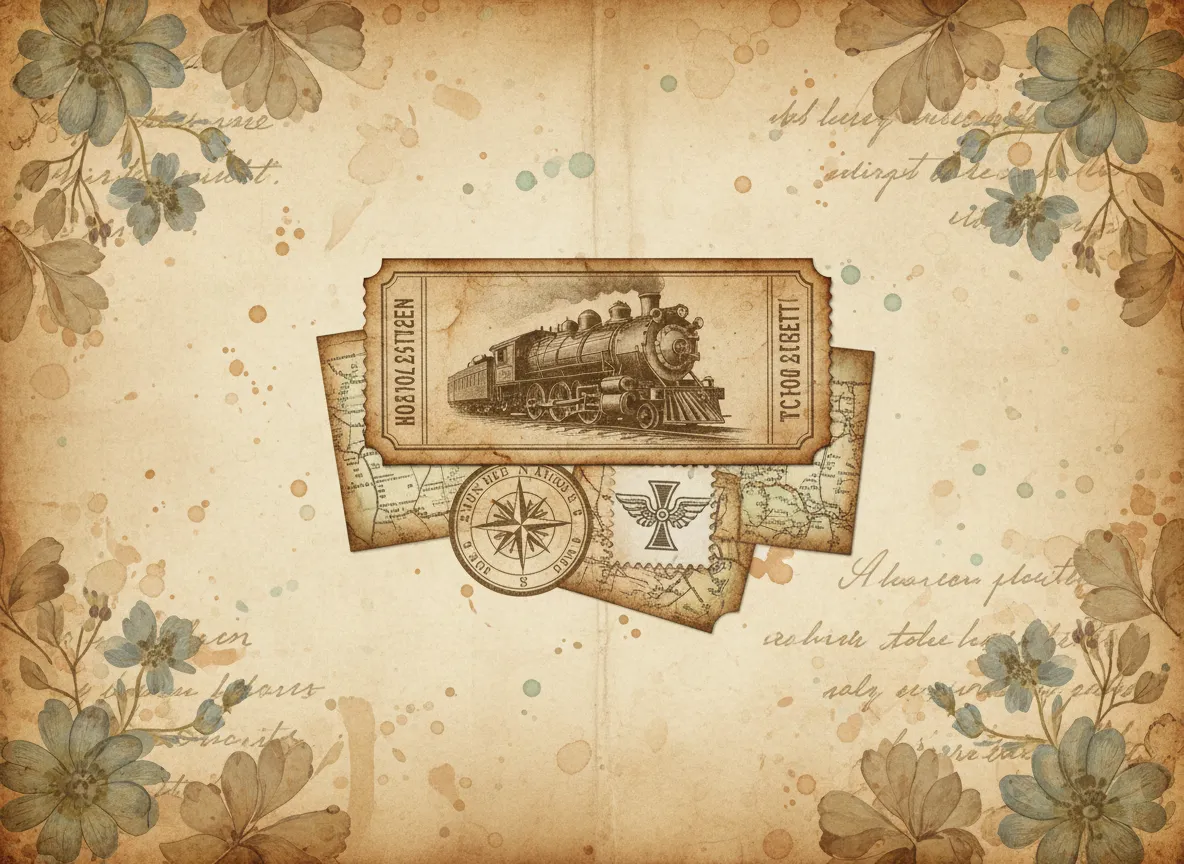 Vintage train ephemera layered on journal page