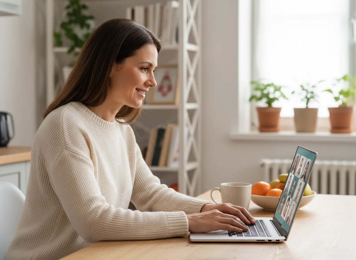 Caregiver joining an online health forum on a laptop