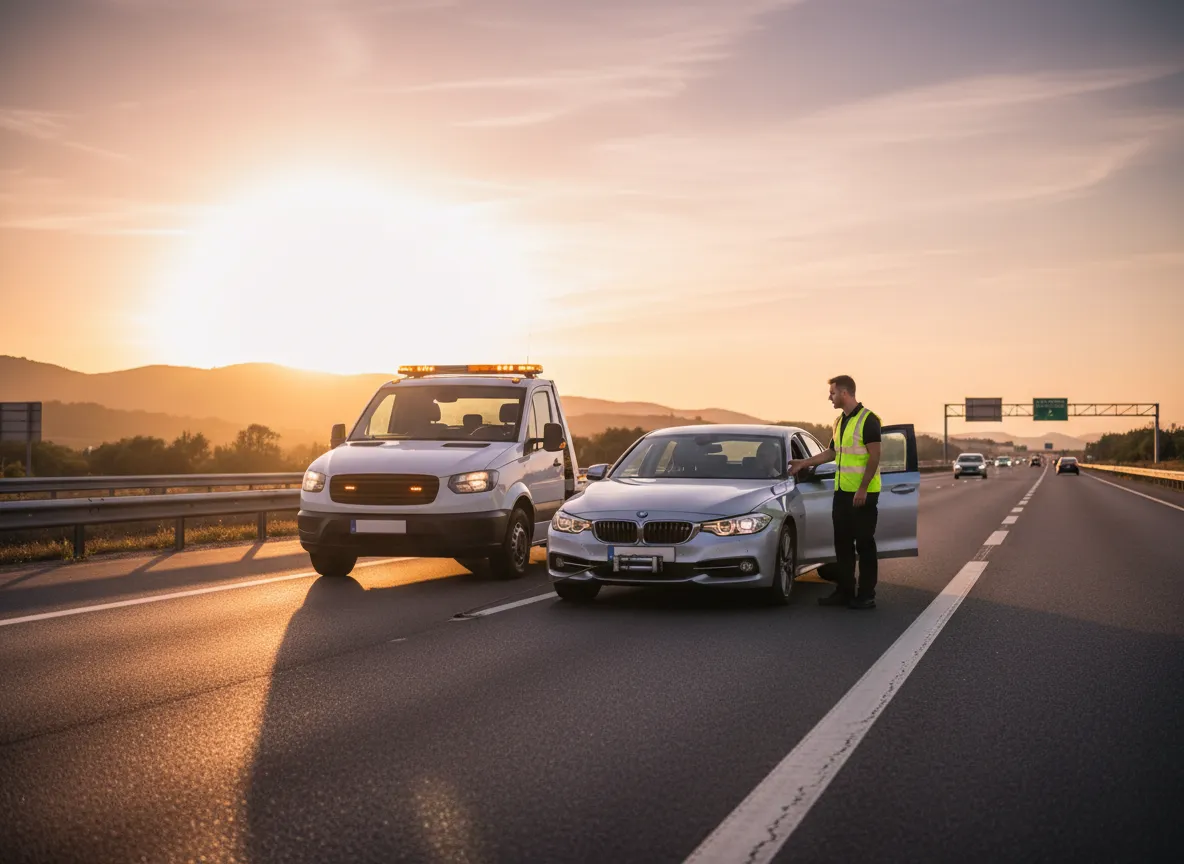 Tow truck assisting a car on the roadside