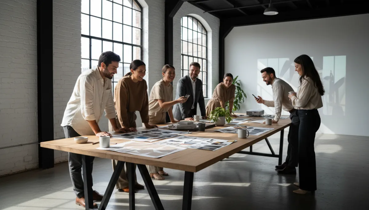 Creators and brand team collaborating in a modern workspace