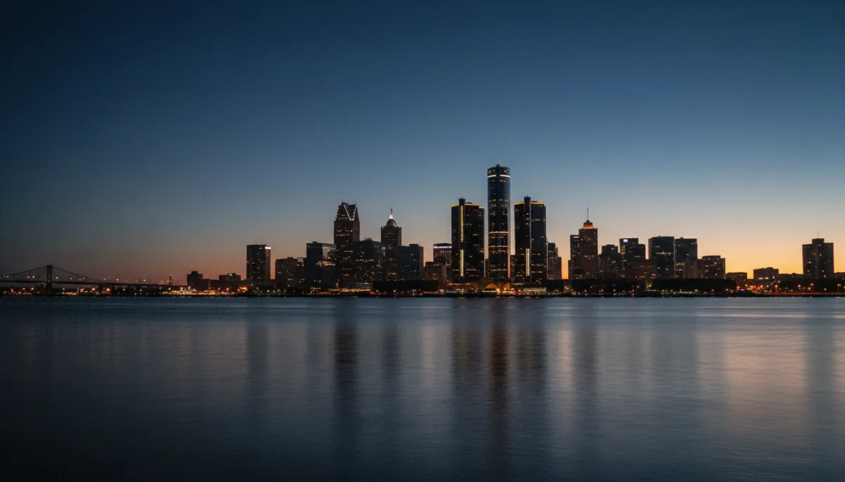 Detroit skyline editorial photograph at dusk