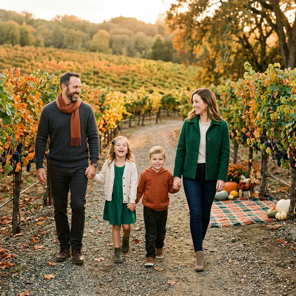 Happy family enjoying a sunny outdoor seasonal event at Vineyard Farm