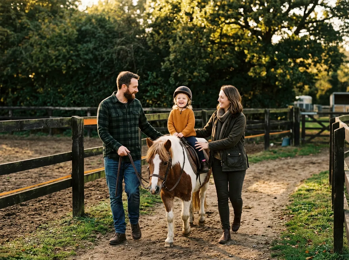 Gentle pony rides for children along scenic farm corral