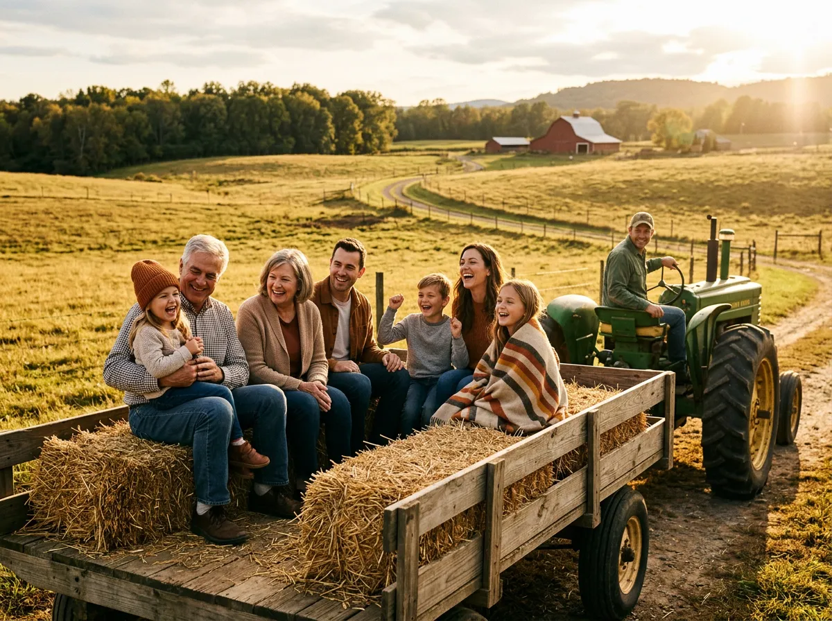 Tractor-pulled open hayride across the sunny farm pastures