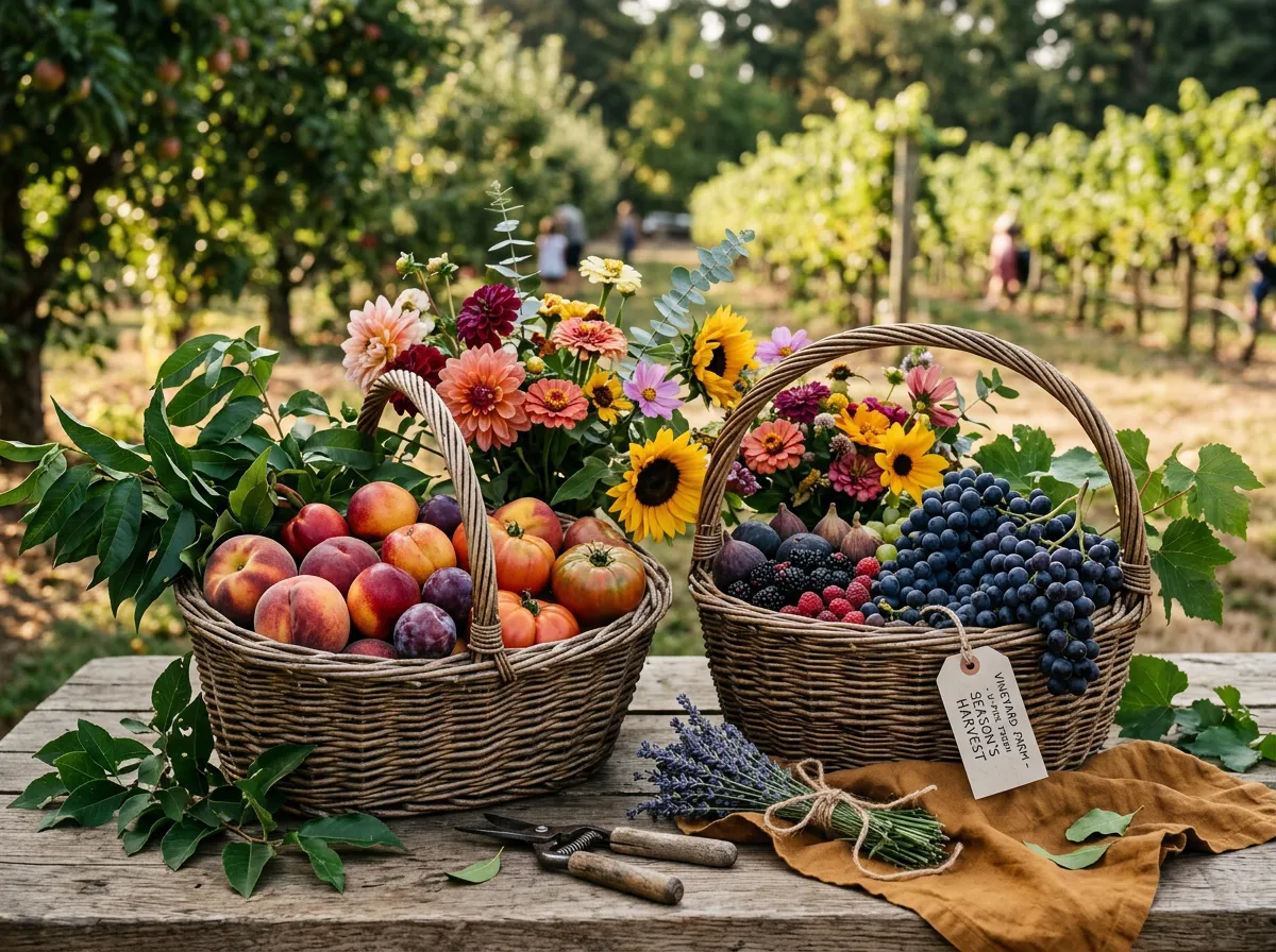 Baskets of freshly harvested fruit and flowers in the U-Pick orchard