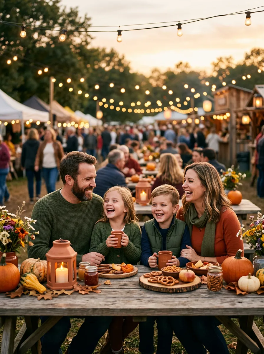 Joyful family enjoying a festive seasonal farm event and apple cider celebration outdoors