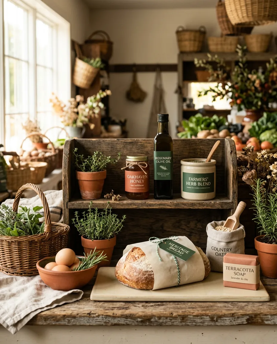 Rustic wooden shelves displaying artisanal farm store preserves, honey jars, and handcrafted local goods in warm sunlight