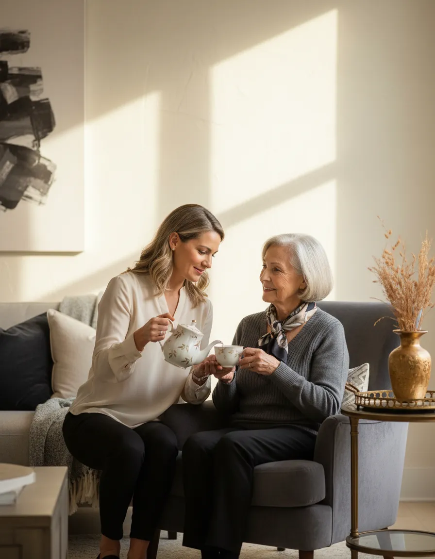 A caregiver and client sharing a warm, dignified moment at home