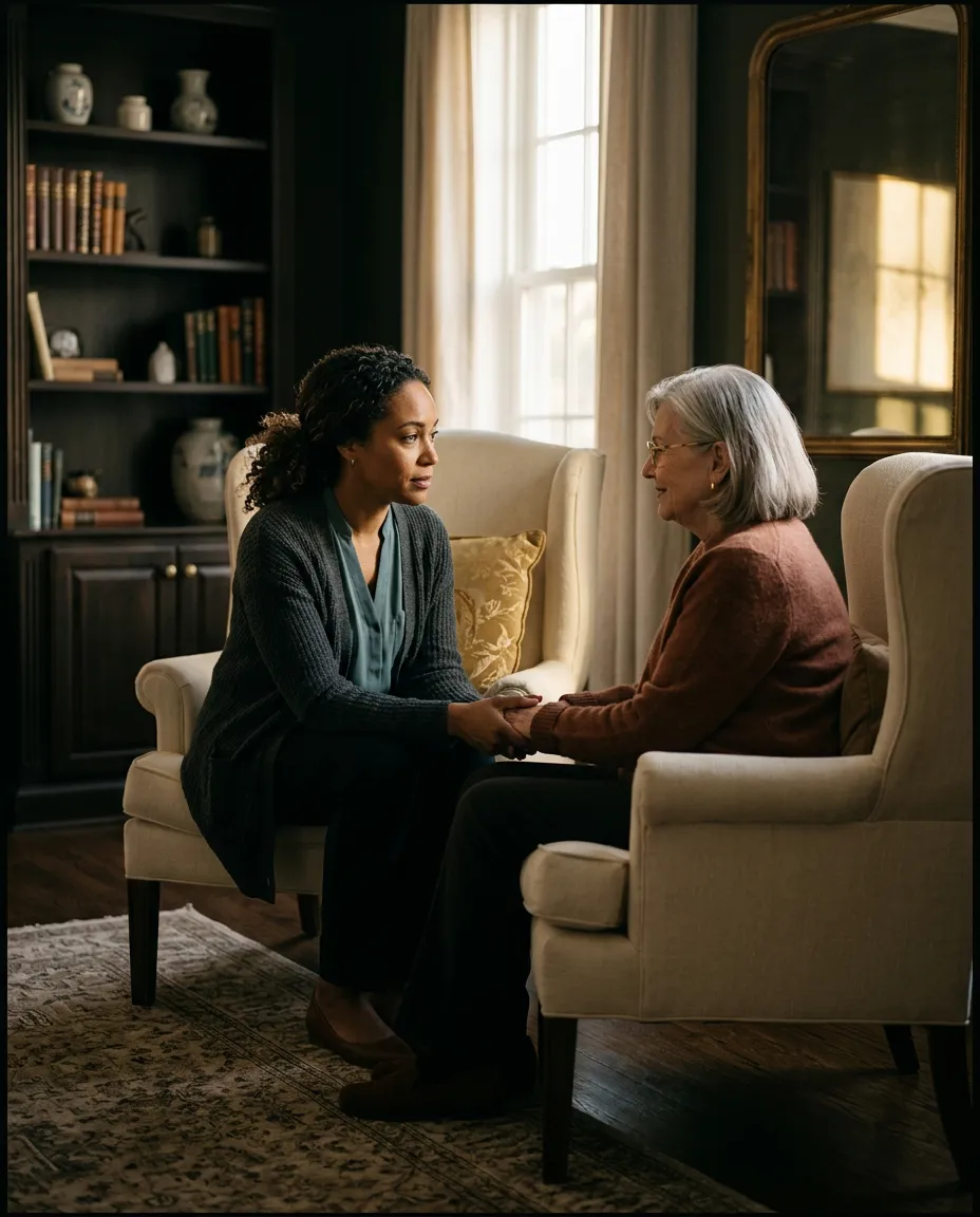 A gentle caregiver in warm attire attentively engaging in conversation with an elderly family member in a peaceful home setting