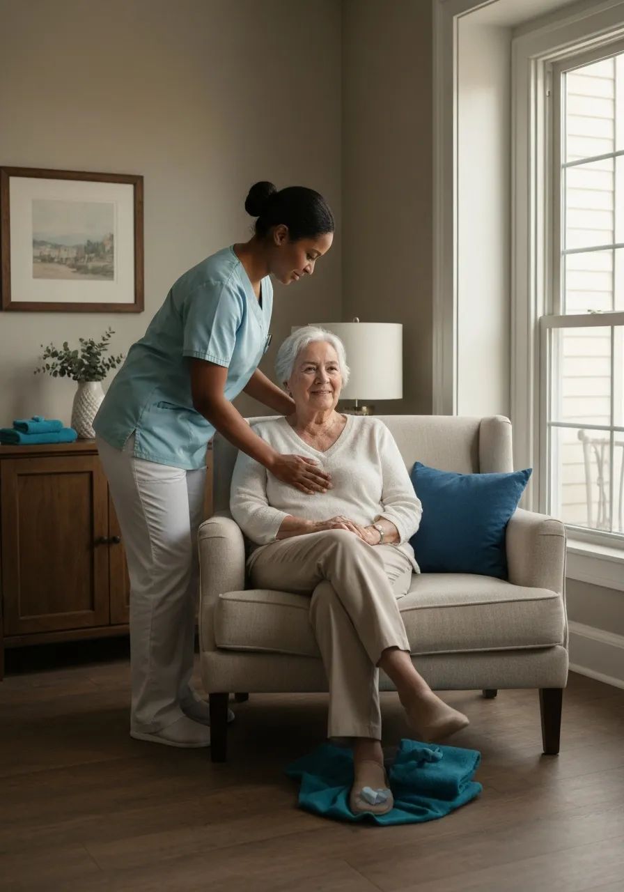 Caregiver assisting a senior client in an elegant home setting