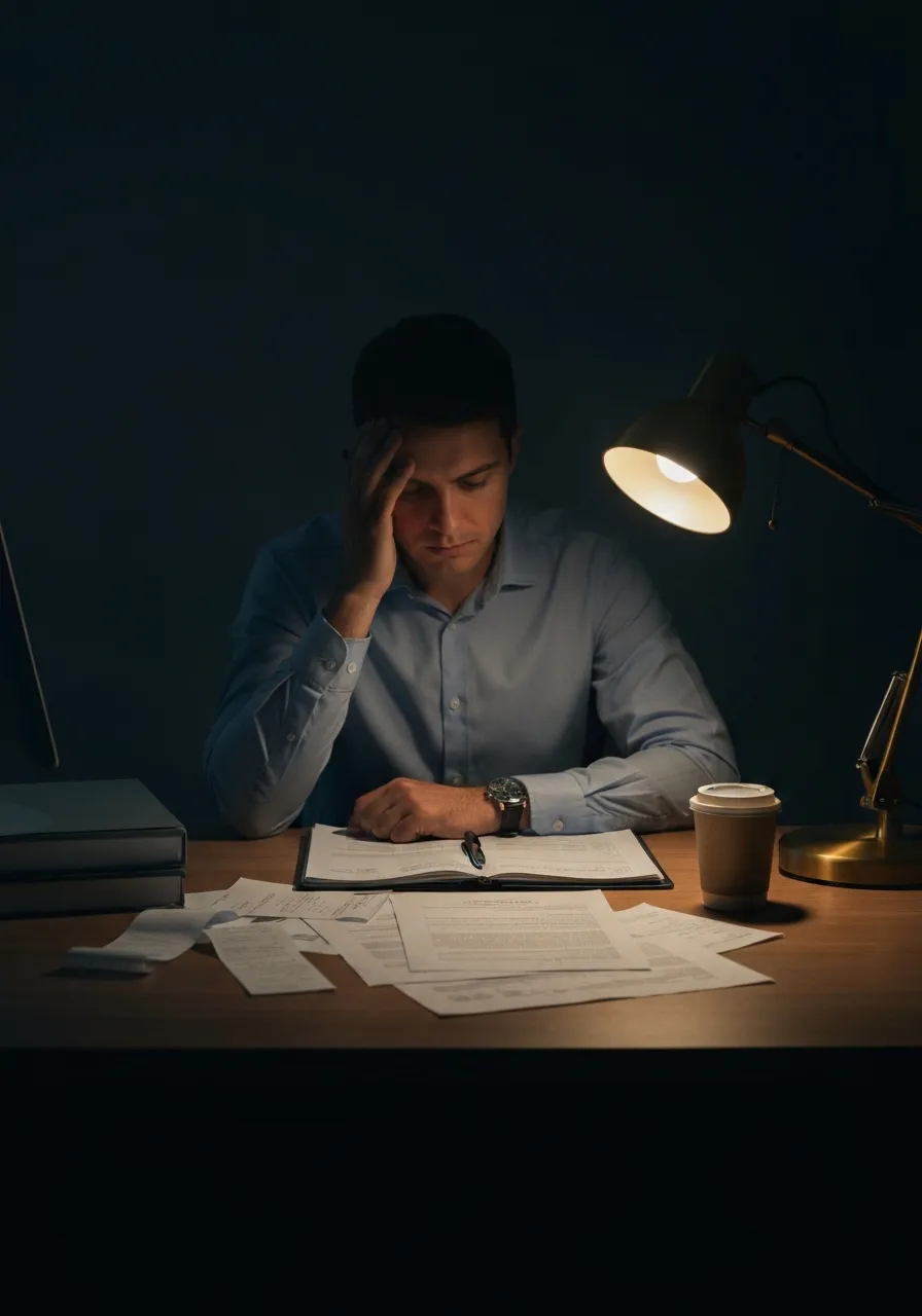 Stressed landlord managing property paperwork late at night
