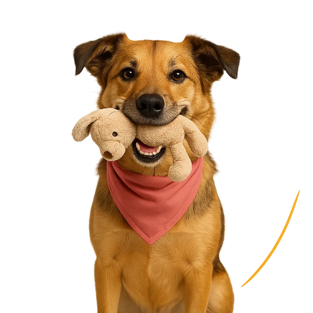 A happy rescue dog holding a toy